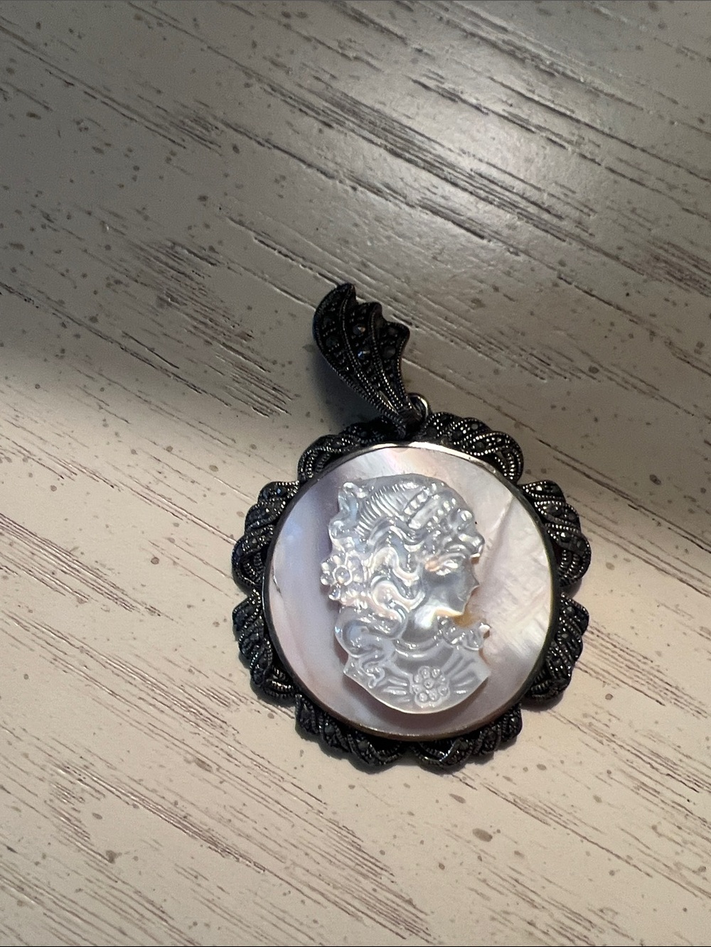 Mother-of-Pearl Cameo Pendant Necklace in Black Frame with marquisites